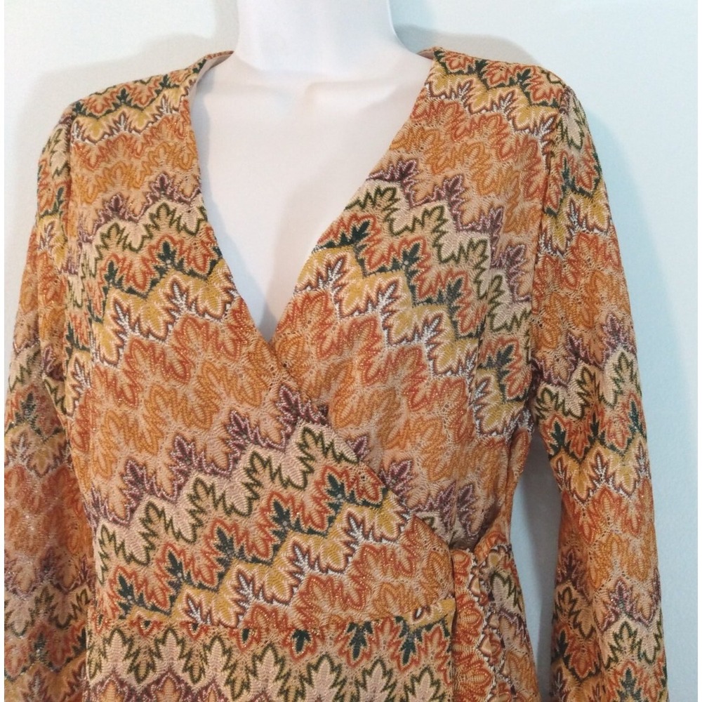 Miami Wrap Dress Women's Small Gold Metallic Long Sleeve Sheer Lined Retro